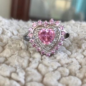 Pink cubic zirconia heart, sterling, ring - size 8